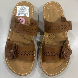 Andiamo Brown Sandals with low wedge heel - decorative flower across str…